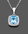 Display the birthstone of March in its element. This gorgeous pendant features cushion-cut aquamarine (1-1/4 ct. t.w.) and diamond accents set in 14k white gold. Approximate length: 18 inches. Approximate drop: 1/2 inch.