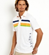 Of a different stripe. Pull on this striped polo with a bright contrasting color underneath the collar for a bold, unique look.