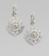 From the Windsor Collection. Antique-inspired shields of white pavé sapphires, sterling silver and 18k yellow gold drop from the ears with vintage elegance. White sapphires Sterling silver and 18k yellow gold Drop, about 1¼ Length, about 1 Width, about ¾ Post and hinge back Imported 