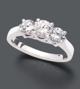 A design that is both breathtaking and simple. A three stone engagement ring is a classic that will last a lifetime. Ring features a predominate round-cut solitaire diamond (3/8 ct. t.w.) and two round-cut bordering diamonds (1/3 ct. t.w.). Ring crafted in shining 18k white gold. IGI Certified diamonds.