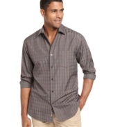 Square off. This checked silk shirt from Tommy Bahama gives an ordinary pattern a luxury feel.