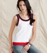 Inspired by sporty sweaters, this sleeveless tank from Tommy Hilfiger features quirky trim at the neckline and cable-knit at the front for prepped up style.