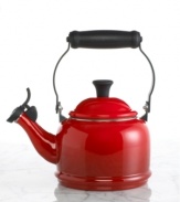 Elegant and timeless, this whistling tea kettle is an instant classic on any stovetop and great way to revive tea time for two. The glossy enamel finish adds colors to your range and is a cozy addition to your home. Lifetime warranty.