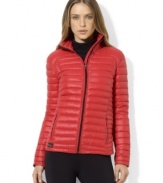 Turn cold-weather days into cozy days with Lauren Ralph Lauren's sporty lightweight down-filled jacket, styled with a protective mockneck.