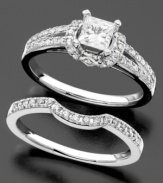 A gorgeous bridal set with endless sparkle. These stunning wedding band and engagement rings feature princess- and round-cut diamond (3/4 ct. t.w.) set in 14k white gold.