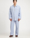 Two-piece set woven in handsomely brushed cotton flannel, is soft to the touch with a smart, striped finish. Cotton. Machine wash. Imported.SHIRTButton frontChest, hip patch pocketsPANTSide elastic waistInseam, about 31