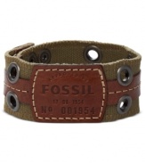 Become a one-man style army with this bracelet from Fossil. It's made from olive-colored canvas with leather details for extra-rugged appeal. Adjusts to fit wrist. Approximate length: 7-7-3/4 inches.