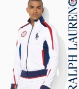 A versatile track jacket, crafted from breathable microfiber with a soft fleece lining, is designed with ventilating mesh insets and bold country details, celebrating Team USA's participation in the 2012 Olympics.