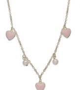 A loving look. Lily Nily's children's station necklace is set in 18k gold over sterling silver with pink enamel hearts and cultured freshwater pearls (5 mm) offering a feminine touch. Item comes packaged in a signature Lily Nily gift box. Approximate length: 16 inches. Approximate charm size: 3/8 inch.