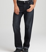 Straight leg Joe's denim in a fetching dark wash for ultra-versatile jeans.