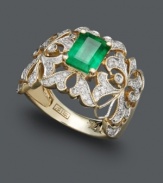 Set the trends with this unique statement ring by Effy Collection. A brilliant emerald gemstone (1-3/8 ct. t.w.) will turn heads amongst a swirling pattern dusted with round-cut diamonds (1/3 ct. t.w.). Set in 14k gold.