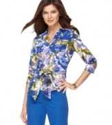 A watercolor-inspired floral print freshens up this crisp shirt from Jones New York Signature. A tie at the waist lends a flattering silhouette, too!