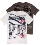 Upgrade your t-shirt style with some modern graphic cool on these v-neck tees from Marc Ecko Cut & Sew.