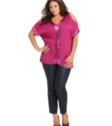 Get the party started in Seven7 Jeans' cold-shoulder plus size top, featuring sequined detail!