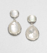 From the Wonderland Collection. The creamy luster of mother-of-pearl is fashioned in a snowman setting with a circle atop a teardrop, both set in textured sterling silver.Mother-of-pearlSterling silverDrop, about .9Post backImported