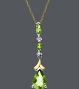 Make others green with envy. Sparkling peridot drops (1-5/8 ct. t.w) in pear and marquise-cuts are accented by round-cut diamond in a sterling silver and 14k gold setting. Approximate length: 18 inches. Approximate drop: 1-1/3 inches.