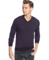 Thin stripes add some refinement to this v-neck sweater from Calvin Klein. You'll be ready for your evening out in style.