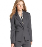 Nine West's versatile blazer features sleek sateen fabric and traditional tailoring mixed with a feminine silhouette.