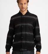 Finely knit wool blend shapes a yarn-dyed, zip-front sweater covered in masculine, modern stripes.Zip front40% acrylic/30% wool/30% polyesterDry cleanImported