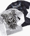 A slider tee for your born-to-be-wild guy: Tapout logo T-shirt with Tri Skull graphic and metallic accents.