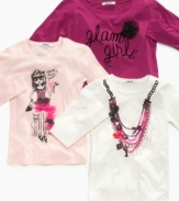 Fun girlie t-shirts with unique graphics by DKNY. Get all three to add to her solid colored t-shirt collection. Also makes a great gift.