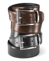 Classic dress belt with silvertone buckle. Reversible belt with brush finished buckle and keeper.