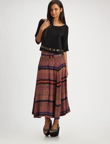 This season's must-have midi silhouette, interpreted in boldly-striped silk.High waist, belted Belt at lower waist Dropped yoke Button front Pullover style About 37 long Silk Dry clean ImportedOUR FIT MODEL RECOMMENDS ordering true size. 