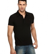 Lightweight short sleeve slub jersey polo shirt with snap pocket at chest.