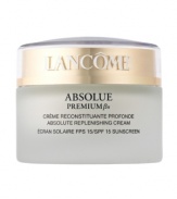 Repair – Intense Moisture – Clarity.Lancôme Laboratories sets the new standard in skincare to fight visible effects of age and hormonal changes. Absolue Premium ßx SPF 15 Cream revolutionizes skin replenishment by combining two advanced discoveries in one luxuriously rich cream: Pro-Xylane(tm), a patented scientific breakthrough: an exceptional and precise molecule, restores essential moisture deep in the structure of skin's surface.  So skin regains youthful substance, firmness, and radiance – as if signs of aging are visibly repaired. The intensely replenishing ßio-Network(tm) – wild yam, soy, sea algae and barley – helps enhance performance for visible rejuvenation. See the transformation, verified by women*: Visible Repair: Wrinkles appear reduced. 85% experience improved elasticity and firmness.Intense Moisture: 91% feel skin is nurtured.  Re-plumped with life.Clarity:  A radiant, even skin tone is revealed.*Percentage of women who noted visible facial improvement after 4 weeks during an 8-week consumer test.NON-COMEDOGENIC. NON-ACNEGENIC. DERMATOLOGIST-TESTED FOR SAFETY