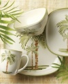 Serve up the flavor of the Caribbean with the lovely Palm Court Square place settings from this collection of Gibson dinnerware and dishes. A large, hand-painted palm tree, and stripes of green and yellow accents make a fun, versatile addition to any summer soiree.