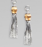 A two-tone design with cobra chain tassels. Sterling silver and aged palladium Drop, about 3 Post back Made in Italy 