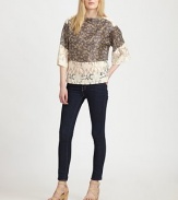 This featherweight top with luxurious lace from Italy is the perfect way to mix playful prints and textures. BoatneckDropped shouldersThree-quarter length dolman sleevesSemi-sheer lace panelsRibbed hemAbout 24½ from shoulder to hem48% linen/43% silk/9% cottonLace: 65% cotton/35% polyacetateDry cleanMade in USA of Italian fabricModel shown is 5'10 (177cm) wearing US size Small.