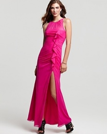 A shocking hue is an unexpected (yet totally chic) choice for evening wear, and this Jill Stuart Dress silk gown works the color to stunning perfection. The bodice-length ruffle and sheer yoke add delicate femininity.