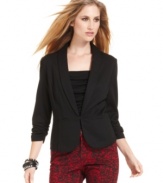 Dress up your night out with this sleek tuxedo blazer from Style&co. Ruched sleeves add flair while a hidden hook-and-eye closure offers a clean, streamlined look!