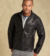 This buffalo leather racer jacket from Tommy Hilfiger hits at the hip and will become a timeless classic in your closet.