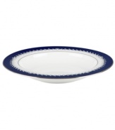 A show-stopping rim soup bowl from Marchesa by Lenox, this Empire Indigo dinnerware wows everyone around the formal table with a bedazzling platinum pattern in fine bone china.