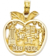 The beloved Big Apple now takes shape as a gorgeous memento for you to cherish. Features a cut-out design of New York City's skyline inside an apple and reads New York. Crafted of 14k gold. Chain not included. Approximate drop length: 4/5 inch. Approximate drop width: 3/5 inch.