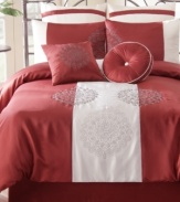 In the red. An expansive ground of red and white sets the tone in this simple Kimora comforter set, accented with intricate embroidery and applique details for a touch of charm.