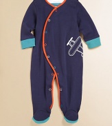 A plush cotton footie is adorned with contrasting trim, colorful snaps and an airplane design for precious baby style.V-neckLong sleevesSnap-frontBottom snapsCottonMachine washImported Please note: Number of buttons/snaps may vary depending on size ordered. 