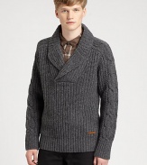 A shawl-collar sweater is impeccably knitted from superior wool, with cable knit detail at the sleeves for a classic finish to pullover sweater with modern-inspired style.Shawl collarRibbed knit cuffs and hemWoolDry cleanImported