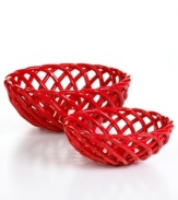 Break bread with woven red baskets from Tabletops Unlimited's collection of serveware and serving dishes. Rolls, garlic knots and toasty baguettes stay warm at your table in oven-safe earthenware.