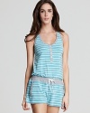 This cute romper comes in a horizontal stripe pattern.