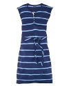 The fun jersey maxi dress is styled with bright rugby stripes and a self-tie sash for sporty back-to-school look.