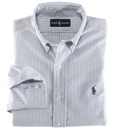 A heritage essential that never goes out of style, the oxford shirt is crafted in Polo's signature tradition, from extra soft combed cotton. This timeless design is tailored for a comfortable, classic fit. Single needle tailoring strengthens the seams and gives a clean look. Button down collar. Back box pleat and split back yoke for comfortable fit.