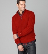 With cool, cable-knit texture, this sweater from Tommy Hilfiger is the season's best topper.