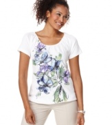 The cotton tee gets pumped up with printed floral graphic and bejeweled embellishment, from Karen Scott.