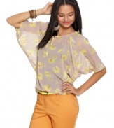 A floral-print brings spring style to this Bar III chiffon top -- it's relaxed fit makes it a perfect topper to skinny jeans or shorts!