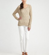 An alluring knit with a relaxed-yet-flattering fit and intriguing cable trim. ScoopneckLong sleevesAbout 25 from shoulder to hem62% linen/38% cottonMachine washImported