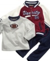 And the crowd goes wild! As the star of the team, he'll get all the attention in this varsity style shirt, jacket and pant set from Nannette.