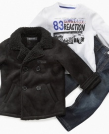 Best dressed-your little dude will be all dolled up in this stylish shirt, jean and jacket set from Kenneth Cole Reaction.